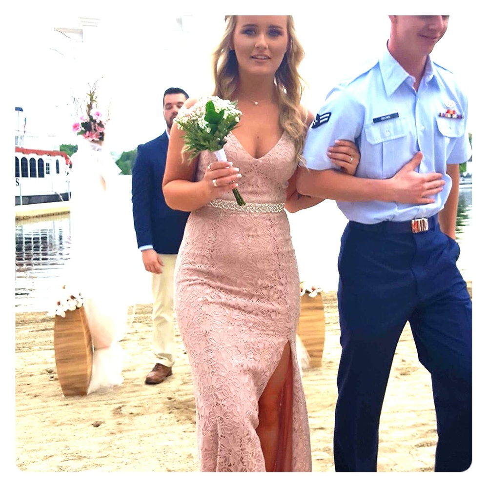 Formal, dusty rose long gown, with a beaded belt